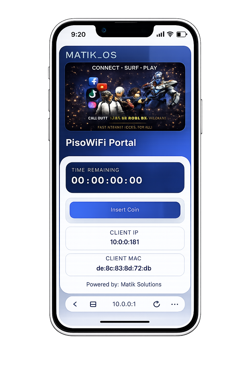 Matik_OS customer captive portal on iPhone